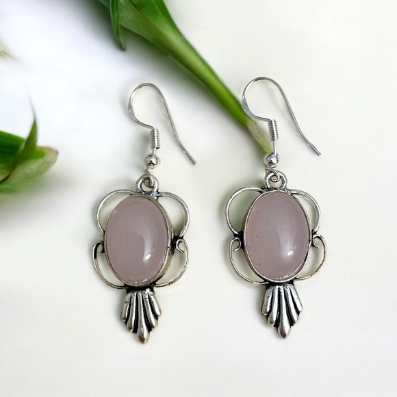 Artisan Jewelry - Pink Rose Quartz Silver Earrings